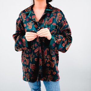Vintage Green Shiny Button Up Long Sleeve Top With colorful Paisley Print - Size